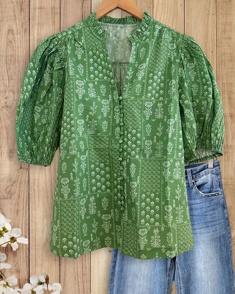 Floral Print Puff Sleeve V Neck Button Front Blouse