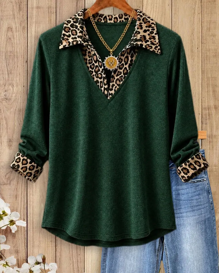 Leopard Trim Collared Long Sleeve Stylish Blouse