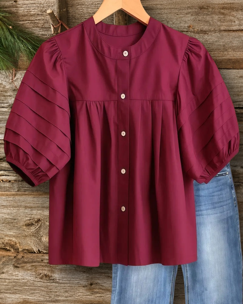 Solid Color Puff Sleeve Versatile Button Down Blouse
