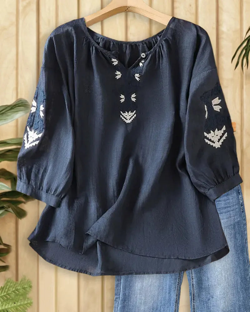 Embroidered V Neck 3/4 Sleeve Loose Casual Blouse