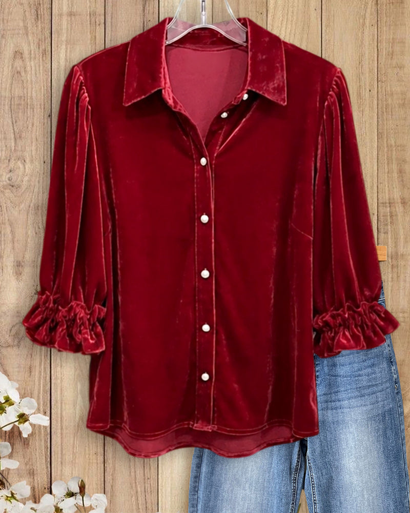 Collared Velvet Button Down Blouse with Ruffle Cuffs