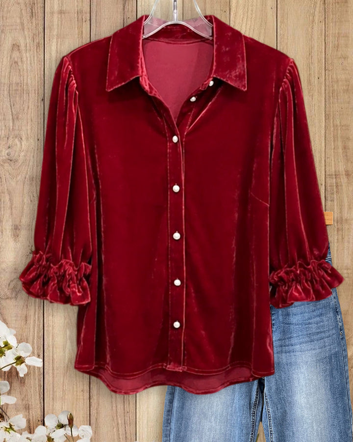 Collared Velvet Button Down Blouse with Ruffle Cuffs