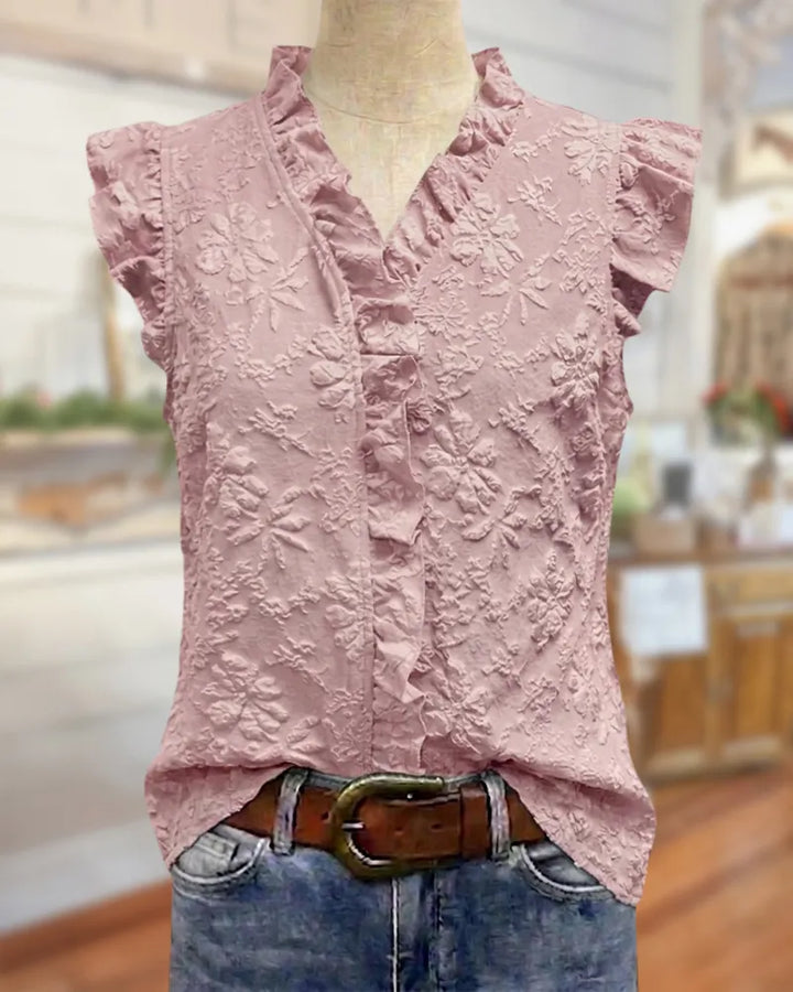 Ruffled V Neck Floral Embossed Flutter Sleeve Casual Blouse