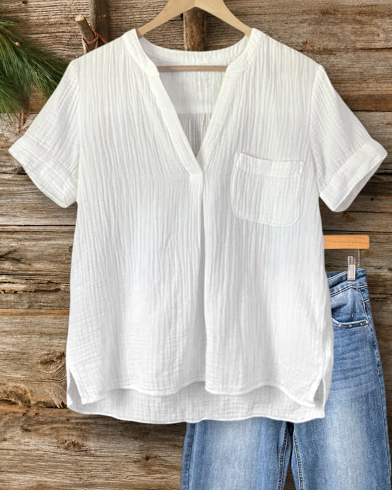 V Neck Short Sleeve Chest Pocket Side Slit Blouse