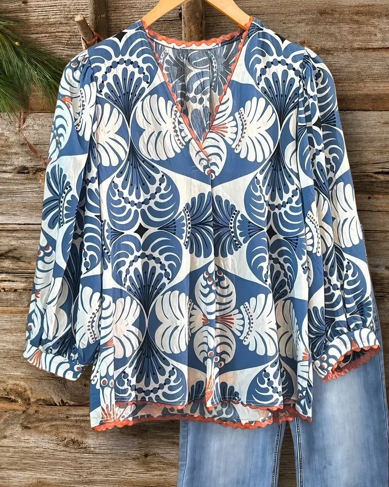 Abstract Print Retro V Neck Scalloped Trim Blouse