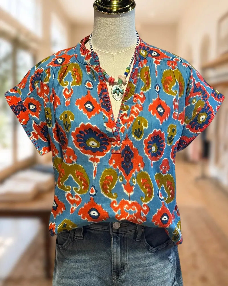 Ikat Print Split Neck Contrast Stitch Short Sleeve Blouse