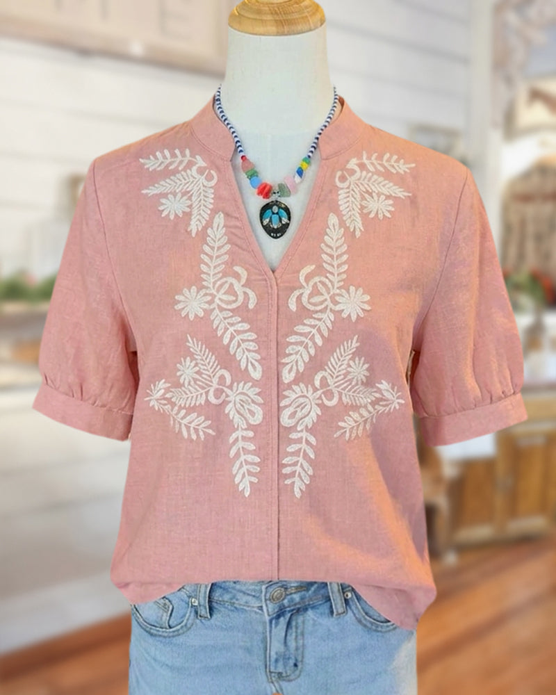 Embroidered V Neck Short Sleeve Relaxed Casual Daily Blouse