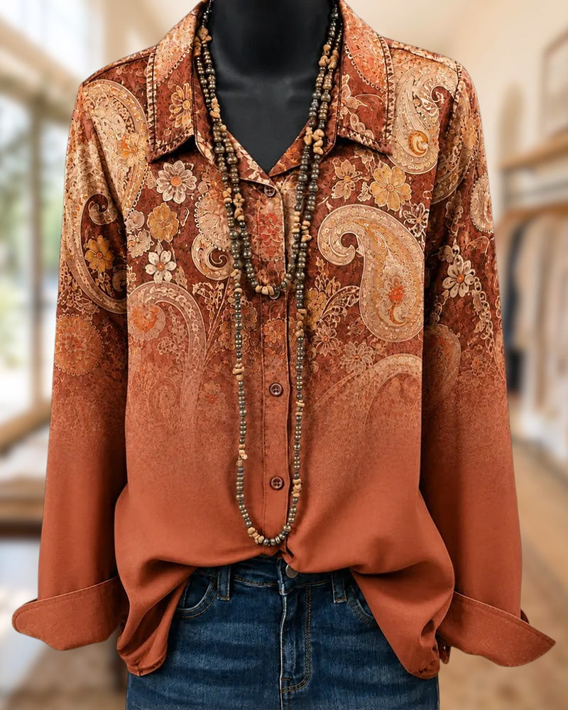Gradient Paisley Print Button Front Collared Long Sleeve Denim Shirt