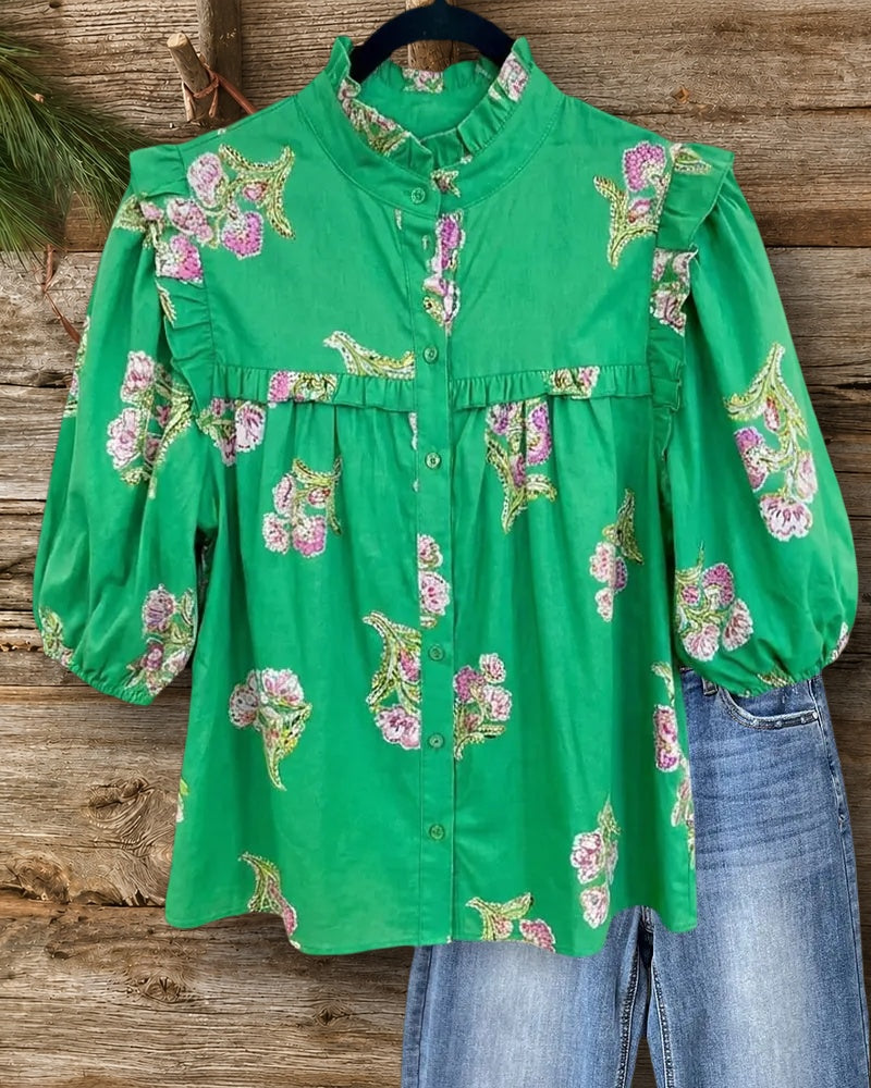 Floral Print Ruffled Stand Collar Puff Sleeve Button Front Blouse