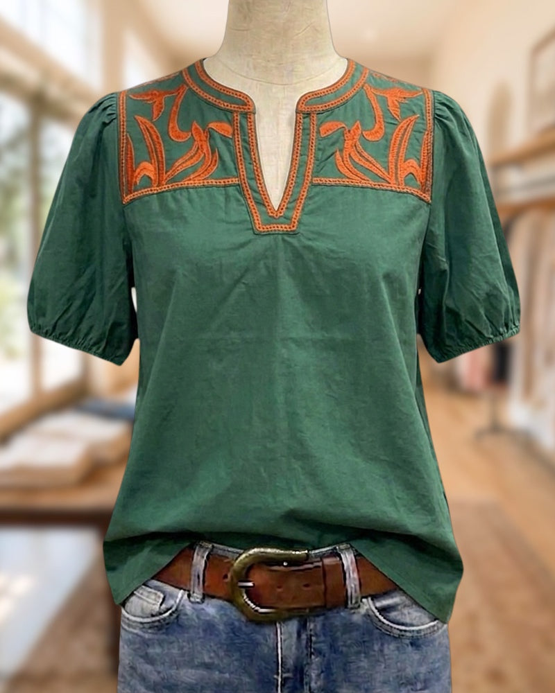 Embroidery Decor Split Neck Puff Sleeve Casual Blouse