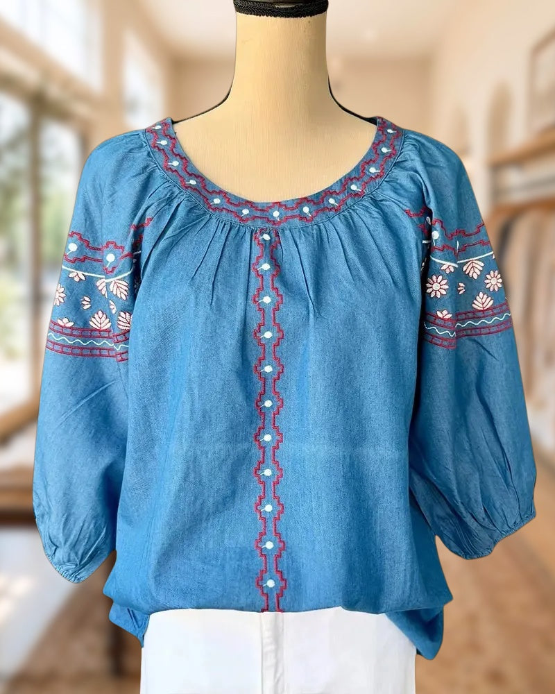 Embroidered Puff Sleeve Scoop Neck Gathered Detail Blouse