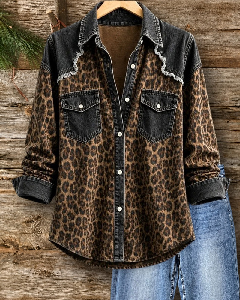 Leopard Print Denim Patchwork Frayed Button Front Shirt