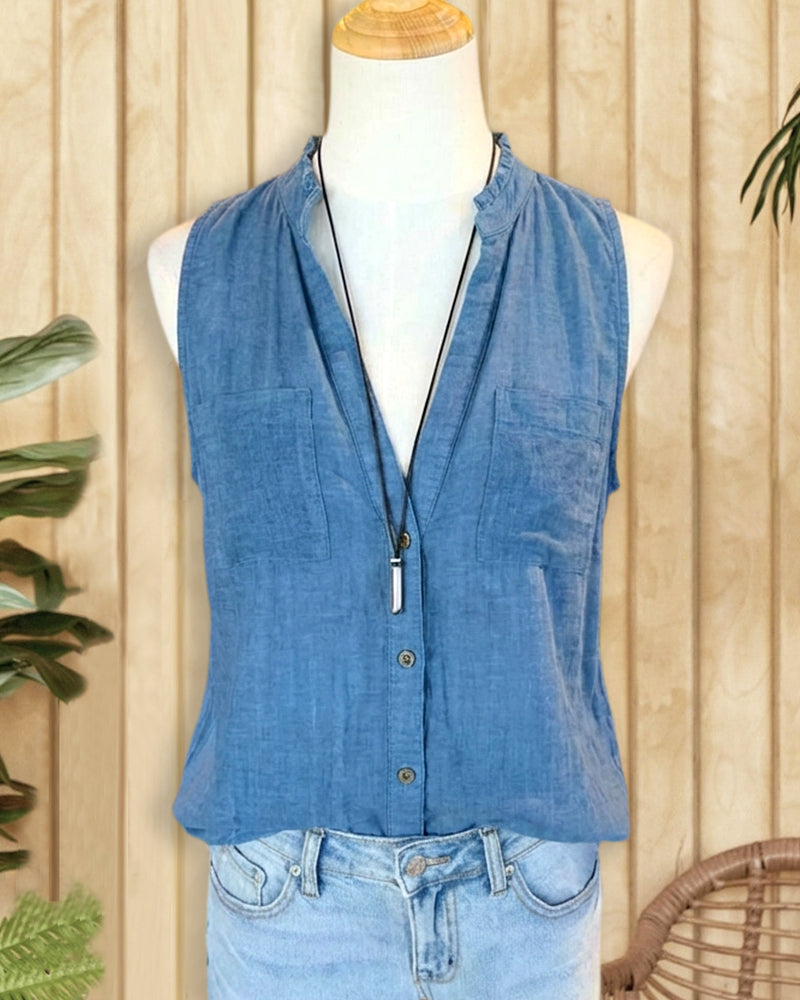 Solid Color Simple Button Front Sleeveless Blouse
