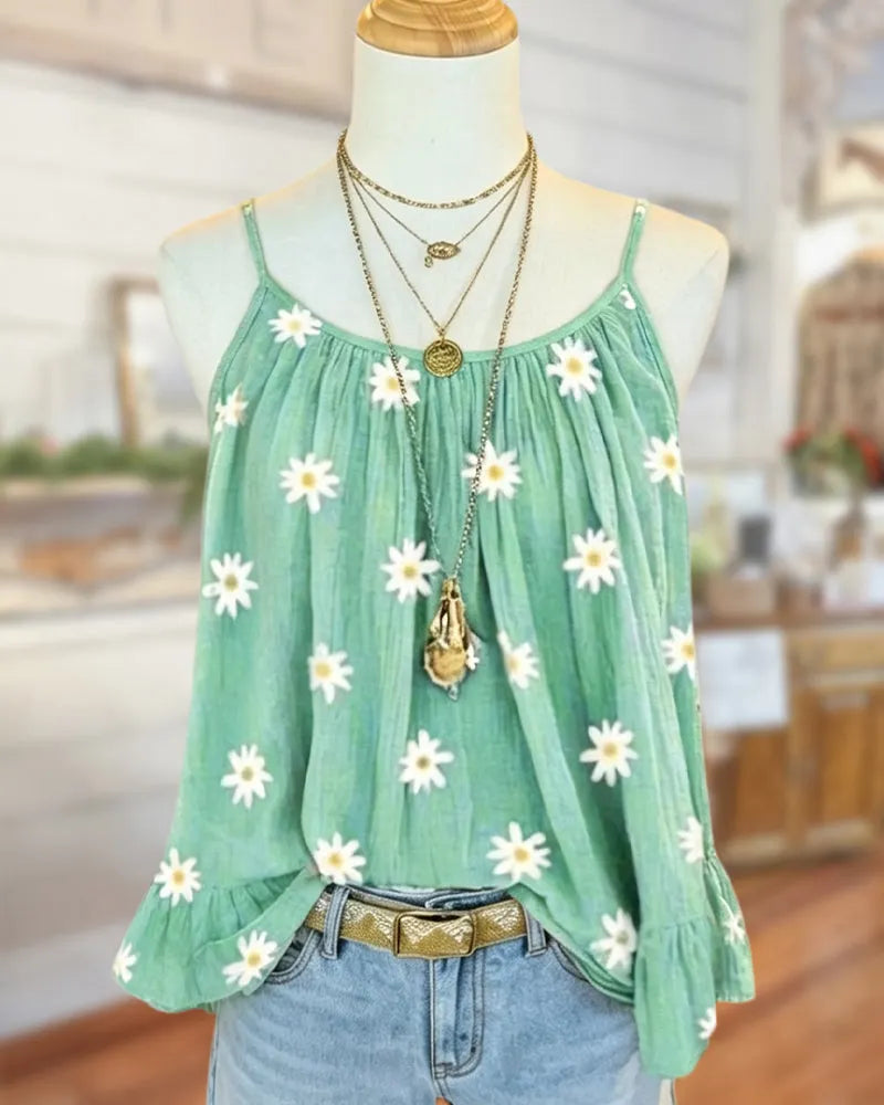 Daisy Printed Spaghetti Strap Ruffled Hem Cami Top