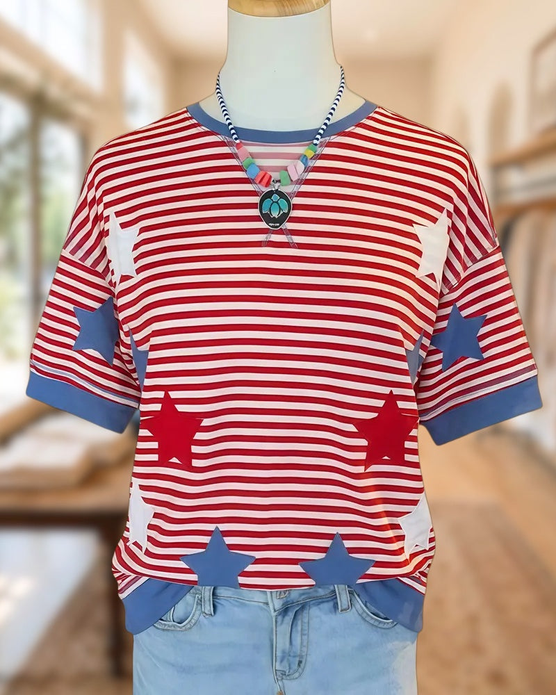 Star Applique Striped Classic Round Neck T-Shirt