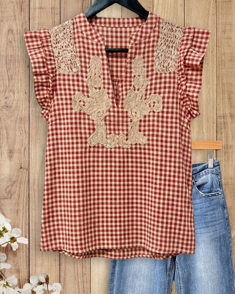 Gingham Embroidered Ruffle Sleeve V Neck Casual Blouse