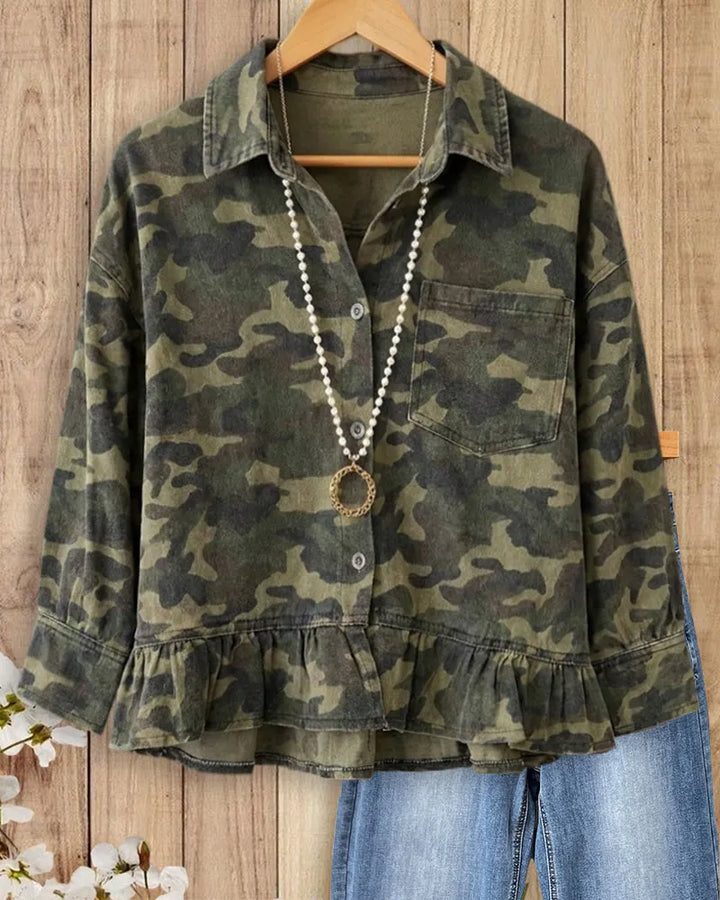 Camo Print Ruffle Hem Button Down Collared Long Sleeve Shirt