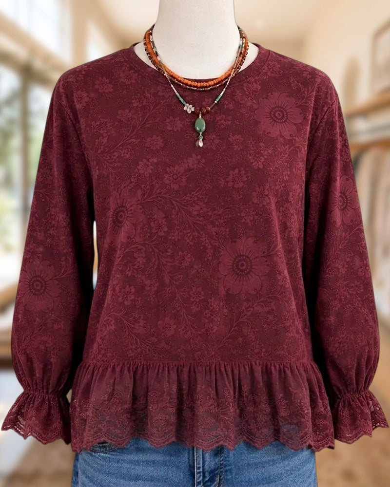 Crew Neck Long Sleeve Floral Print Lace Ruffle Hem Blouse
