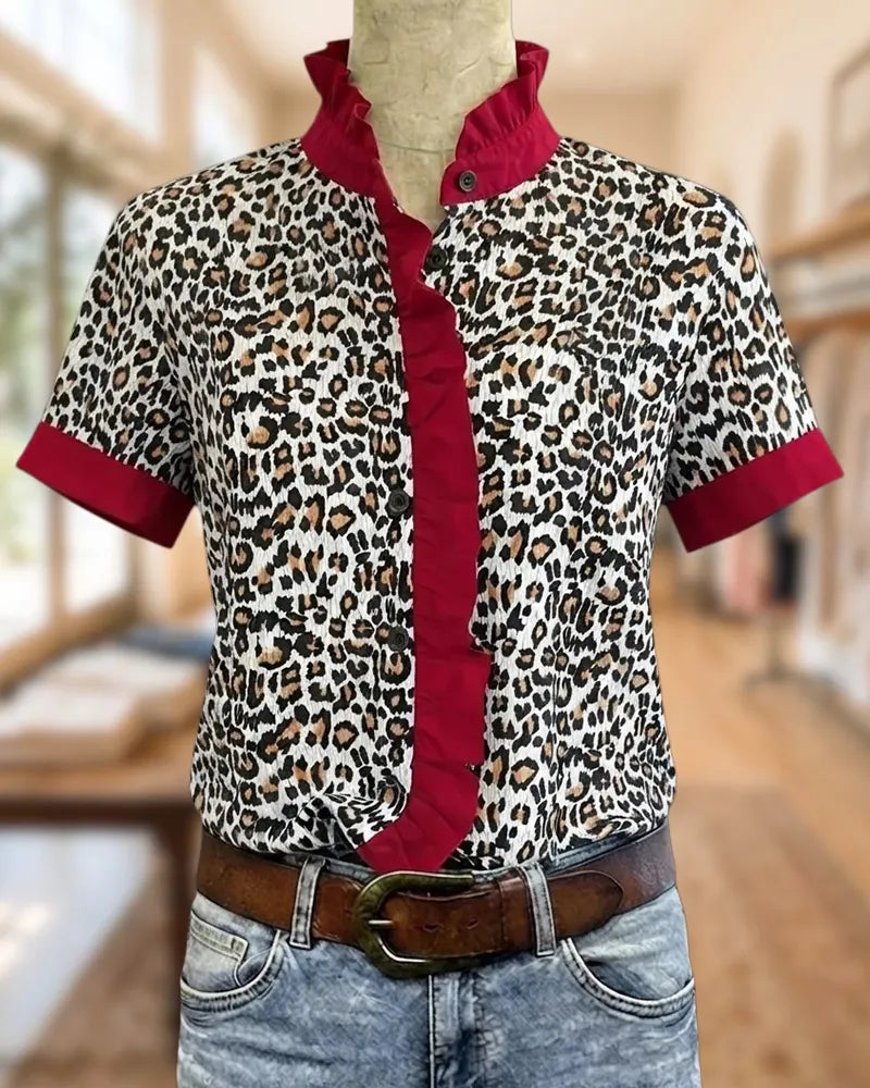 Leopard Print Ruffled Trim Button Front Short Sleeve Blouse
