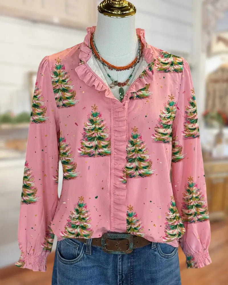 Ruffle Trim Christmas Print Button Front Smocked Cuff Blouse
