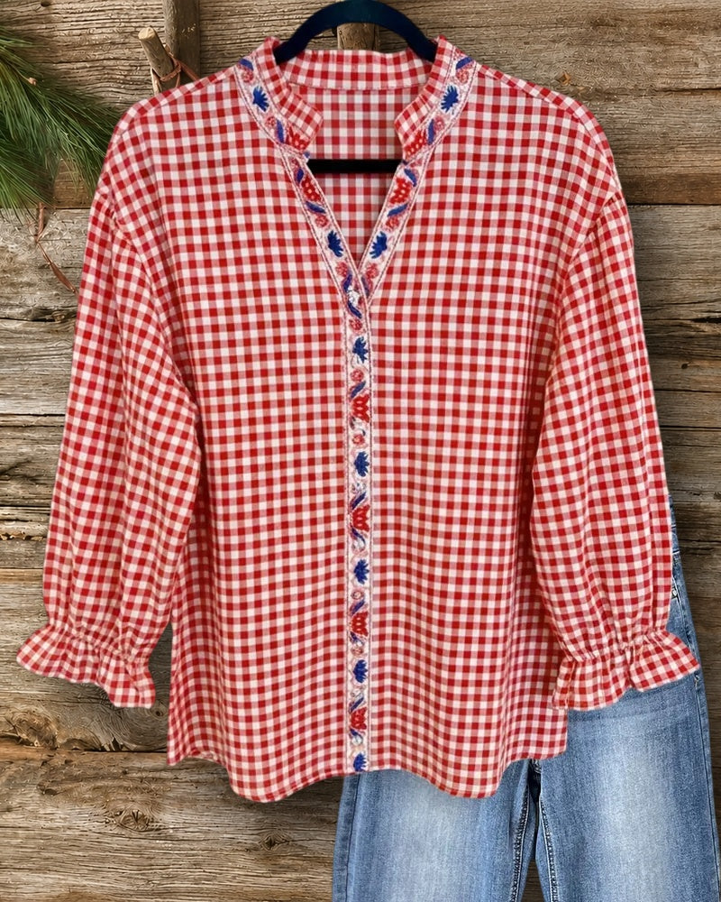 Gingham Embroidered V-Neck Ruffle Cuff Casual Relaxed Blouse