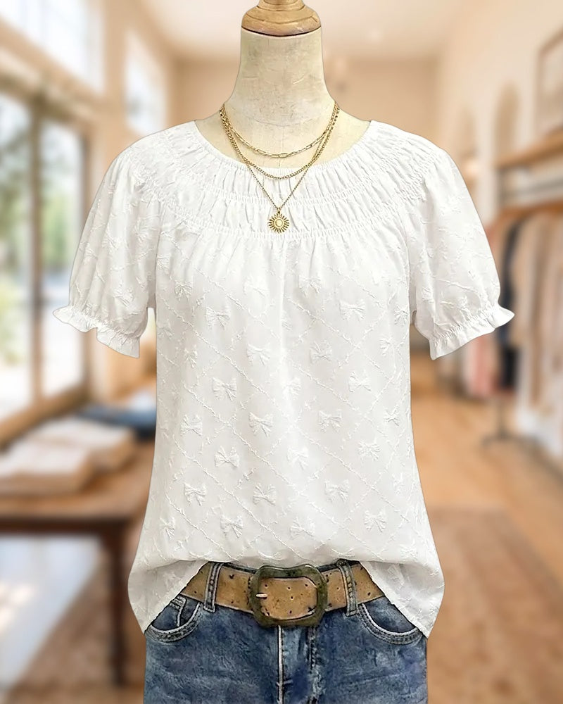 O Neck Smocked Detail Puff Sleeve Bow Jacquard Sweet Blouse