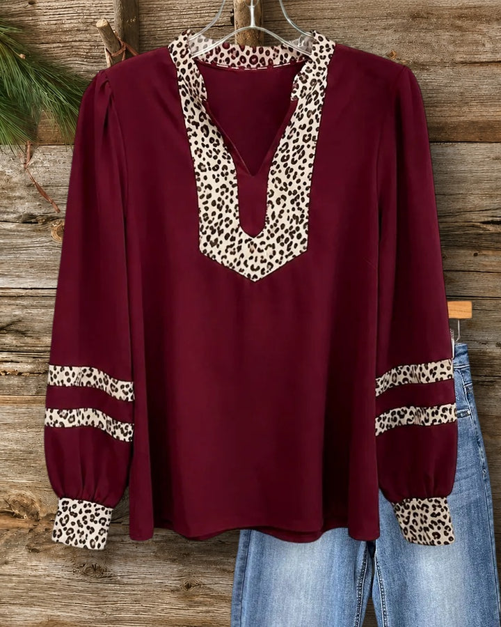 Leopard Trim V Neck Long Sleeve Contrast Panel Casual Blouse