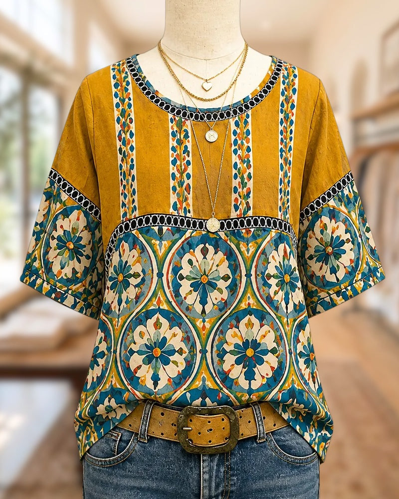Ethnic Print Contrast Trim Short Sleeve Loose Casual Blouse