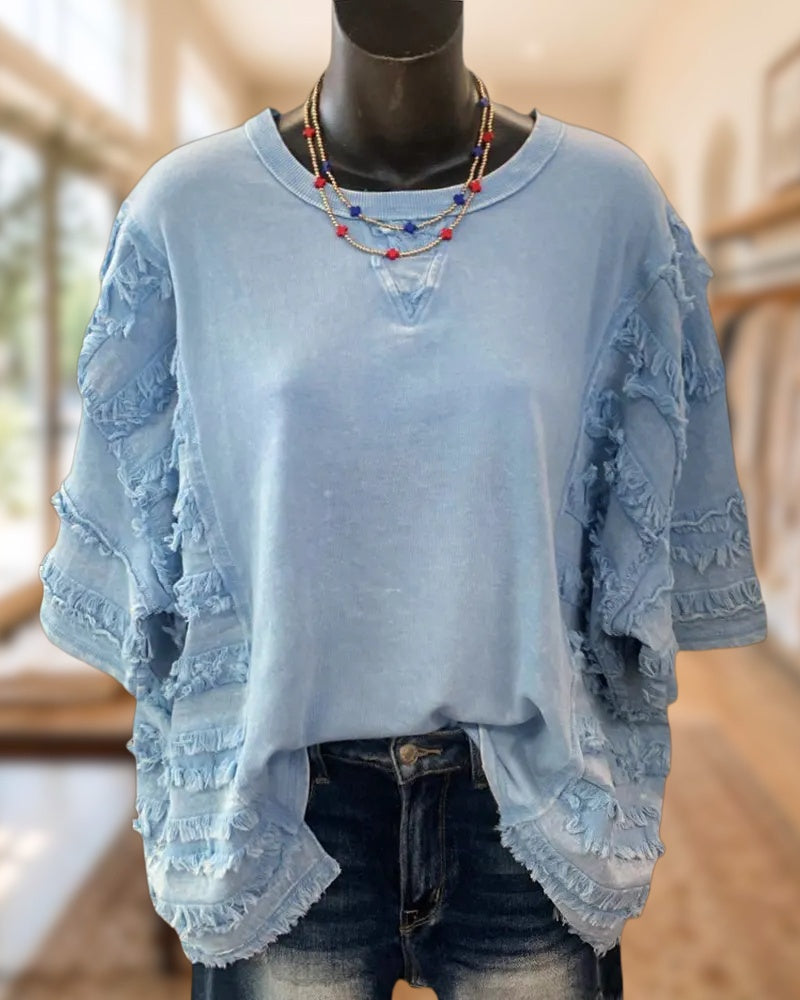 Frayed Trim Crew Neck Short Sleeve Loose Casual Top