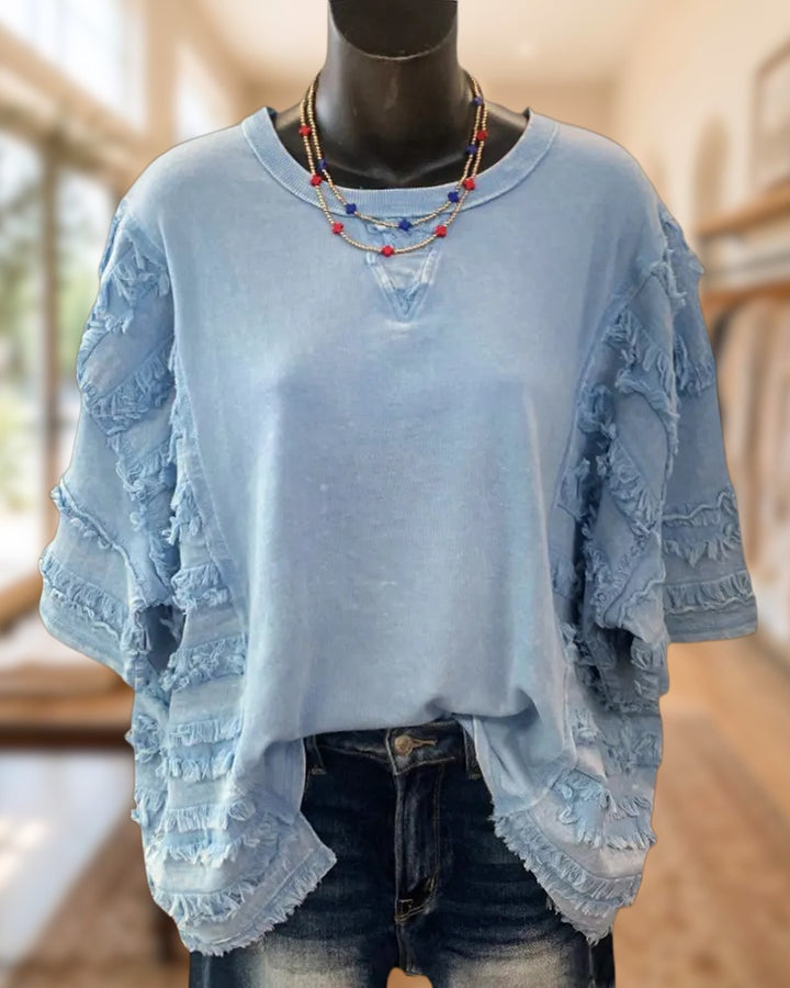 Frayed Trim Crew Neck Short Sleeve Loose Casual Top