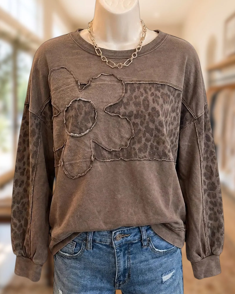 Leopard Patch Applique Raw Edge Crew Neck Loose Sweatshirt