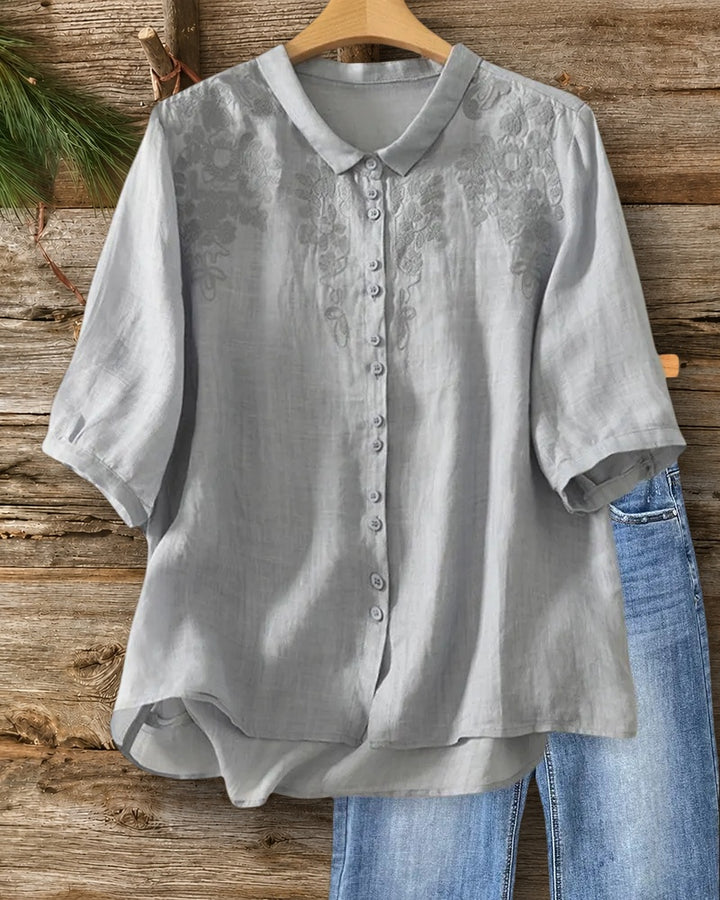 Collared Floral Embroidery Half Sleeve Button Front Loose Shirt