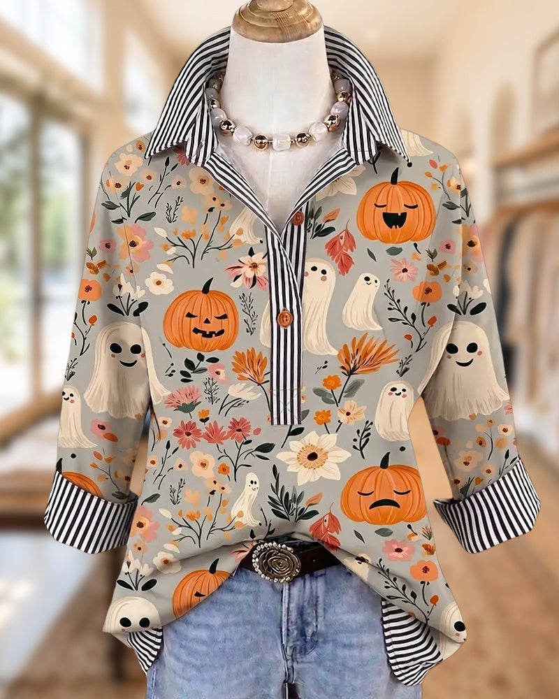 Halloween Print Striped Trim Collared 3/4 Sleeve Casual Shirt