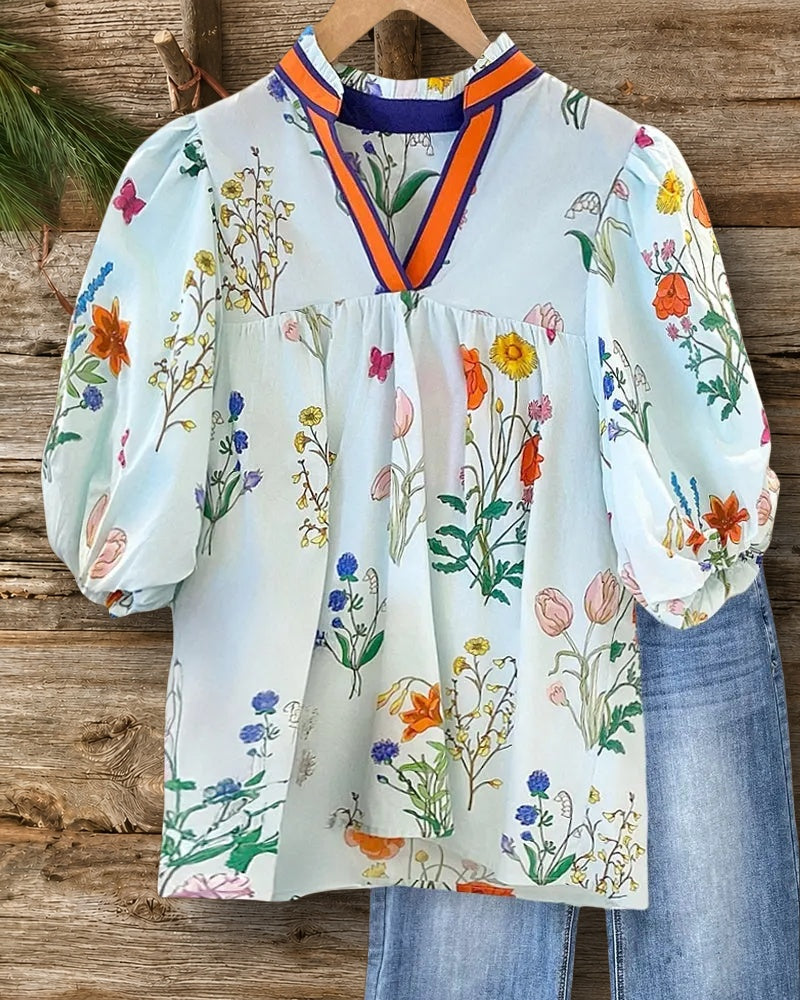 Floral Print V Neck Stunning Puff Sleeve Blouse