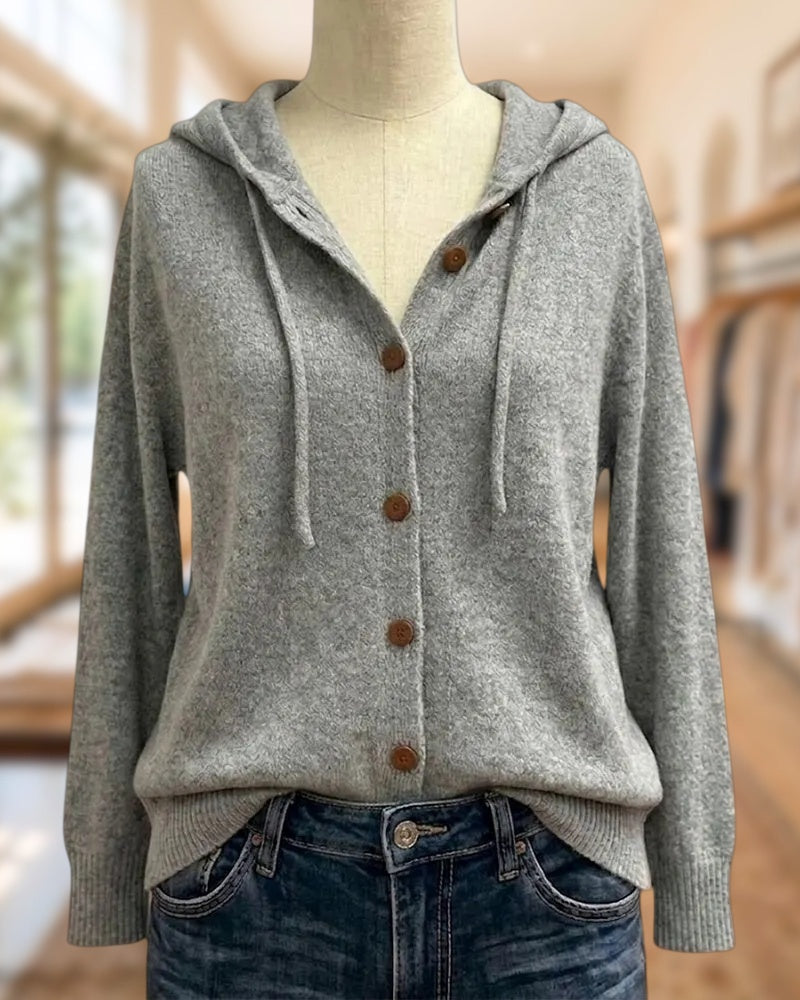 Solid Color Hooded Drawstring Button Front Knit Cardigan