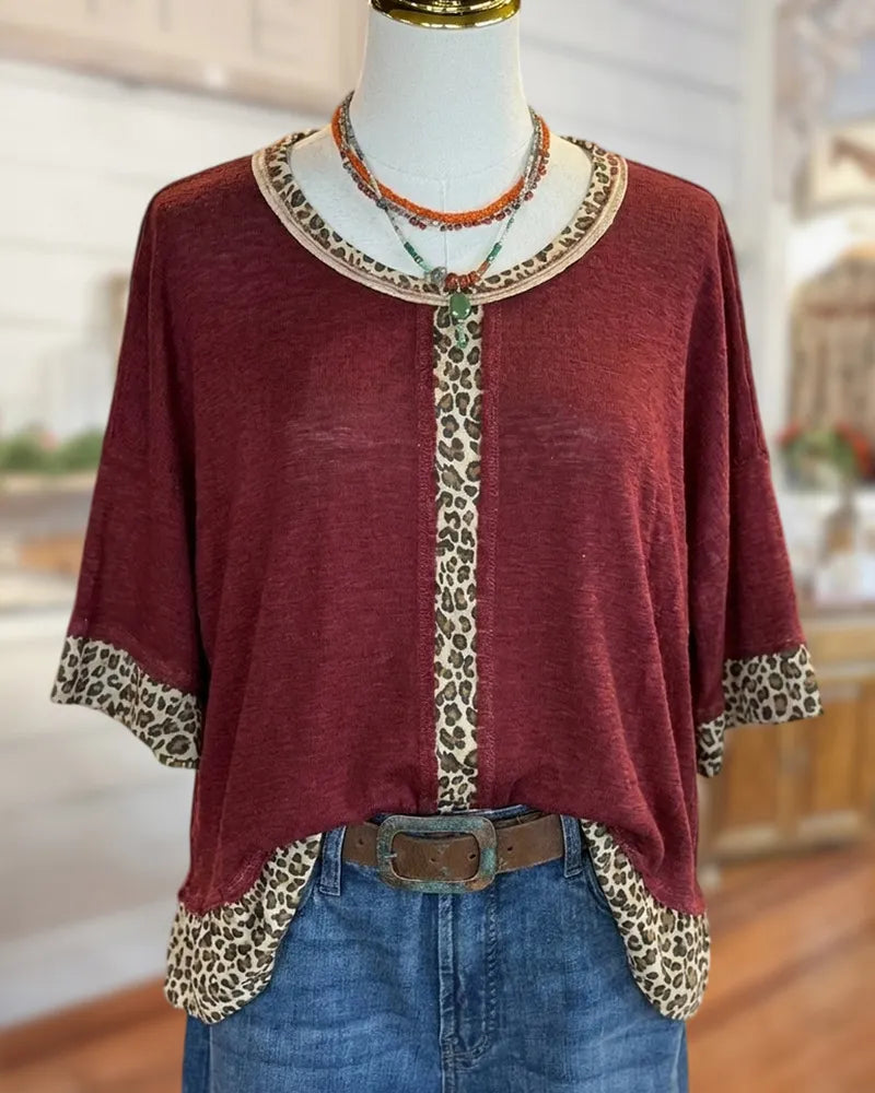 Leopard Trim Contrast Panel Half Sleeve Loose Casual Blouse