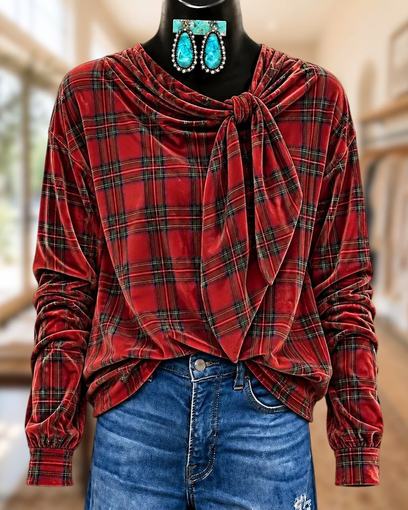Tie Neck Plaid Velvet Long Sleeve Casual Blouse