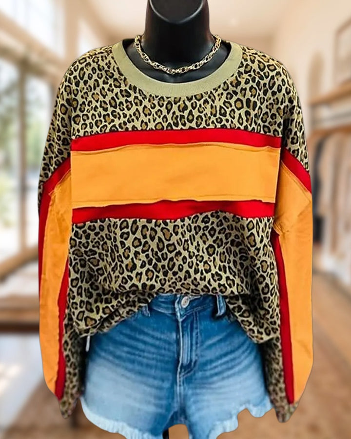 Leopard Print Color Block Crew Neck Loose Casual Sweatshirt