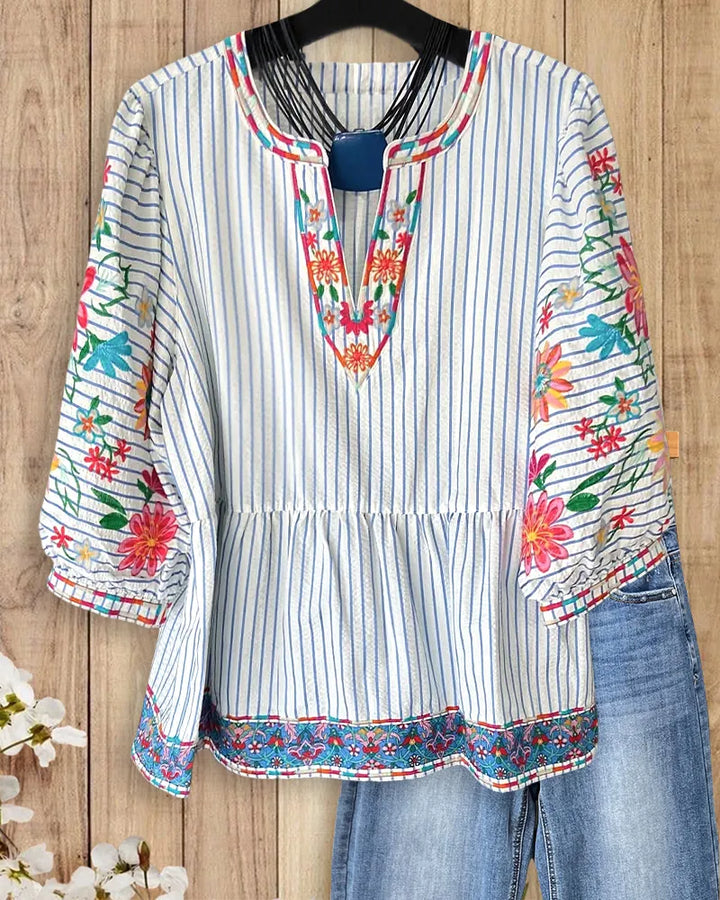 Striped Floral Embroidered V Neck Peplum Hem Puff Sleeve Blouse