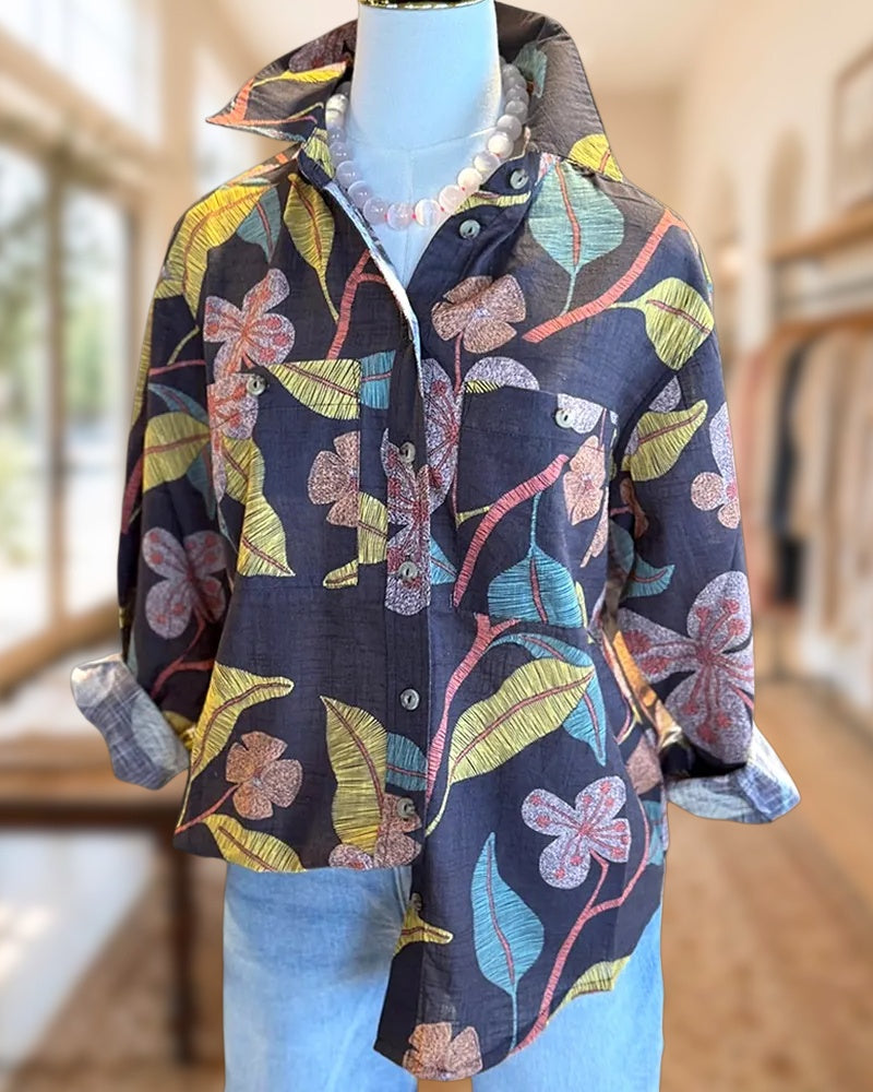 Floral Print Button Front Collared Pocket Casual Shirt