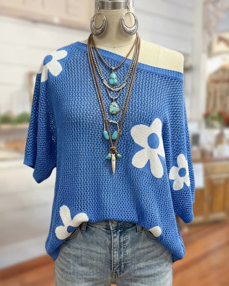 Off Shoulder Floral Pattern Hollow Knit Short Sleeve Top