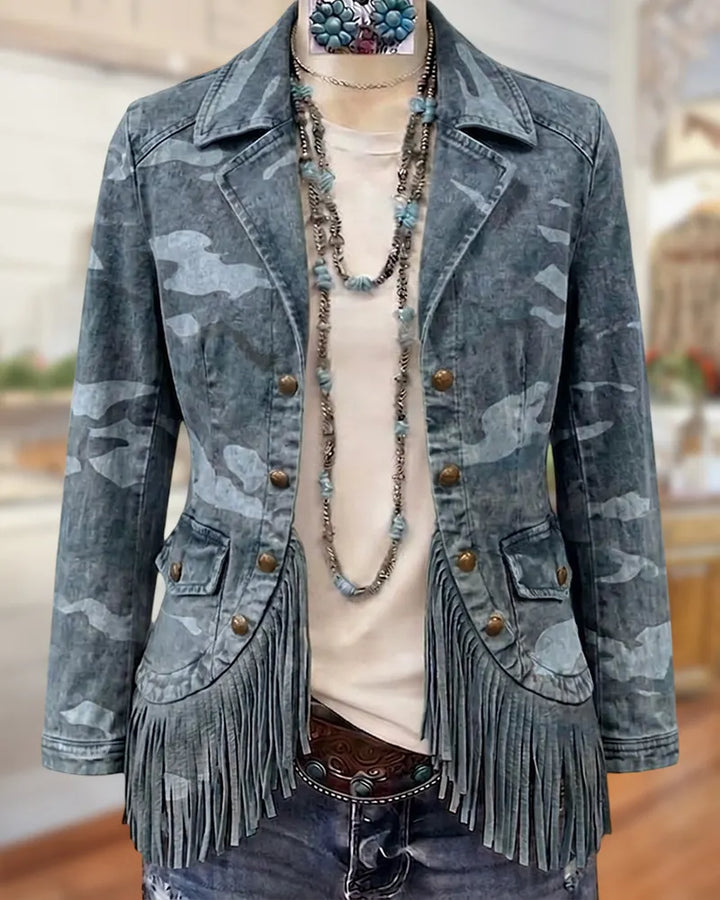 Camo Print Tassels Trim Single Breasted Notched Lapel Jacket