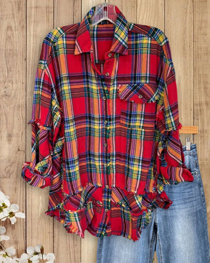 Frayed Edge Plaid Oversized Casual Collared Button Down Shirt