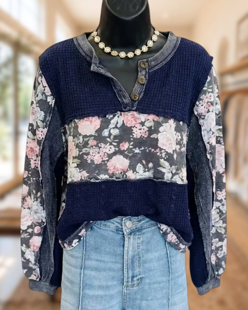 Henley Button Patchwork Floral Long Sleeve Relaxed Fit Casual Top
