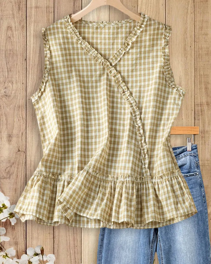 Plaid Wrap Neck Sleeveless Ruffled Peplum Hem Casual Blouse