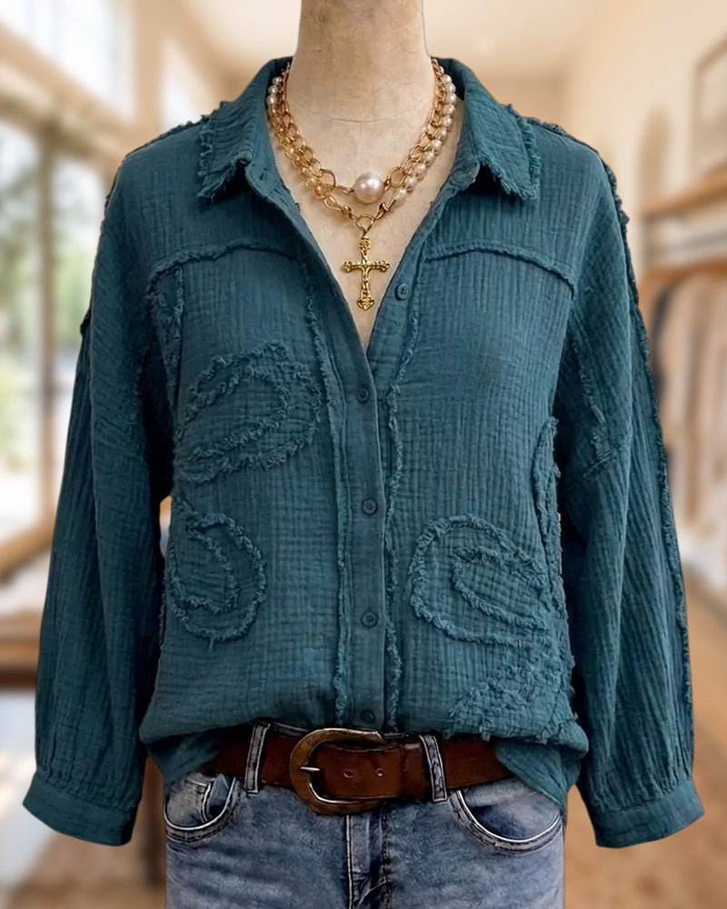 Frayed Detail Flower Applique Shirt