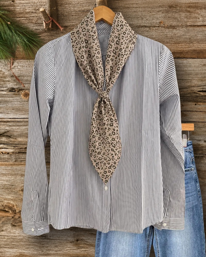 Striped Long Sleeve Blouse With Leopard Print Tie Neck