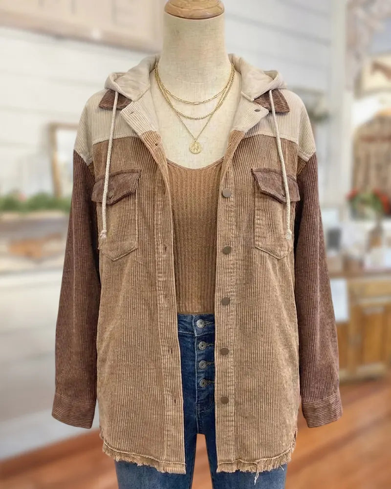 Hooded Color Block Frayed Hem Button Front Casual Jacket