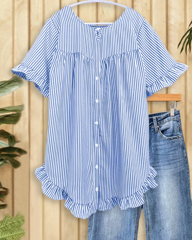 Striped Round Neck Urban Ruffled Blouse