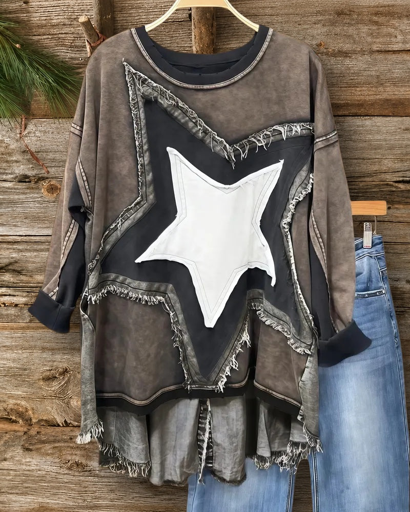 Color Block Star Applique Feminine Drop Shoulder Irregular Blouse